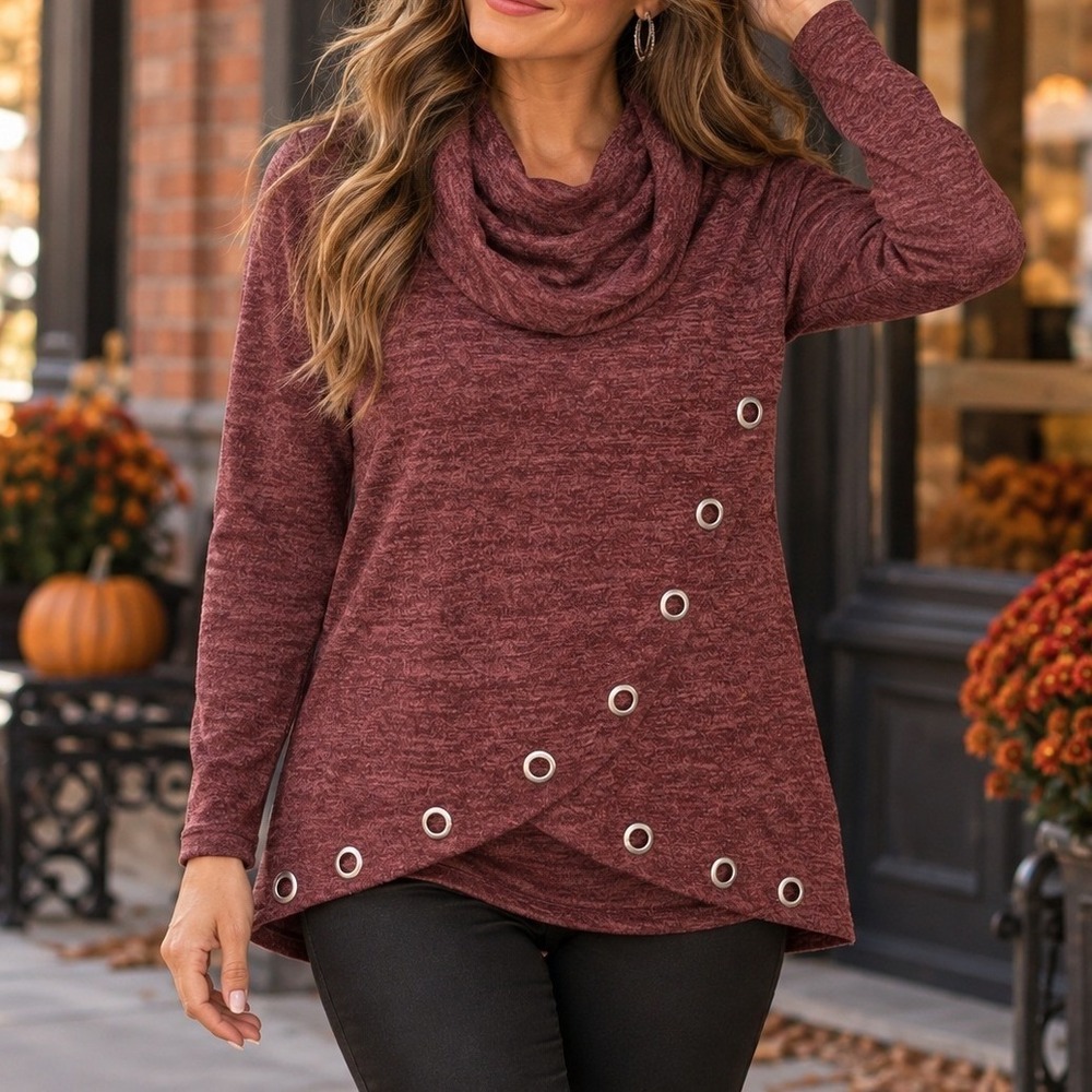 Notations Medium Burgundy Cowl Neck Grommet Hem Tunic Sweater Cozy Minimalist